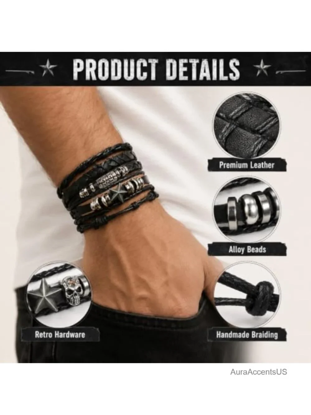 Punk Studded Bracelet Set Black Gothic Leather Cuff Bracelets Accessories